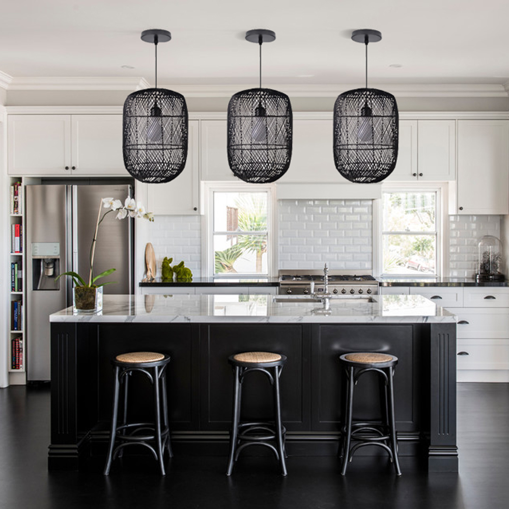 Modern Black Rattan Pendant Light For Kitchen Island Dining Room
