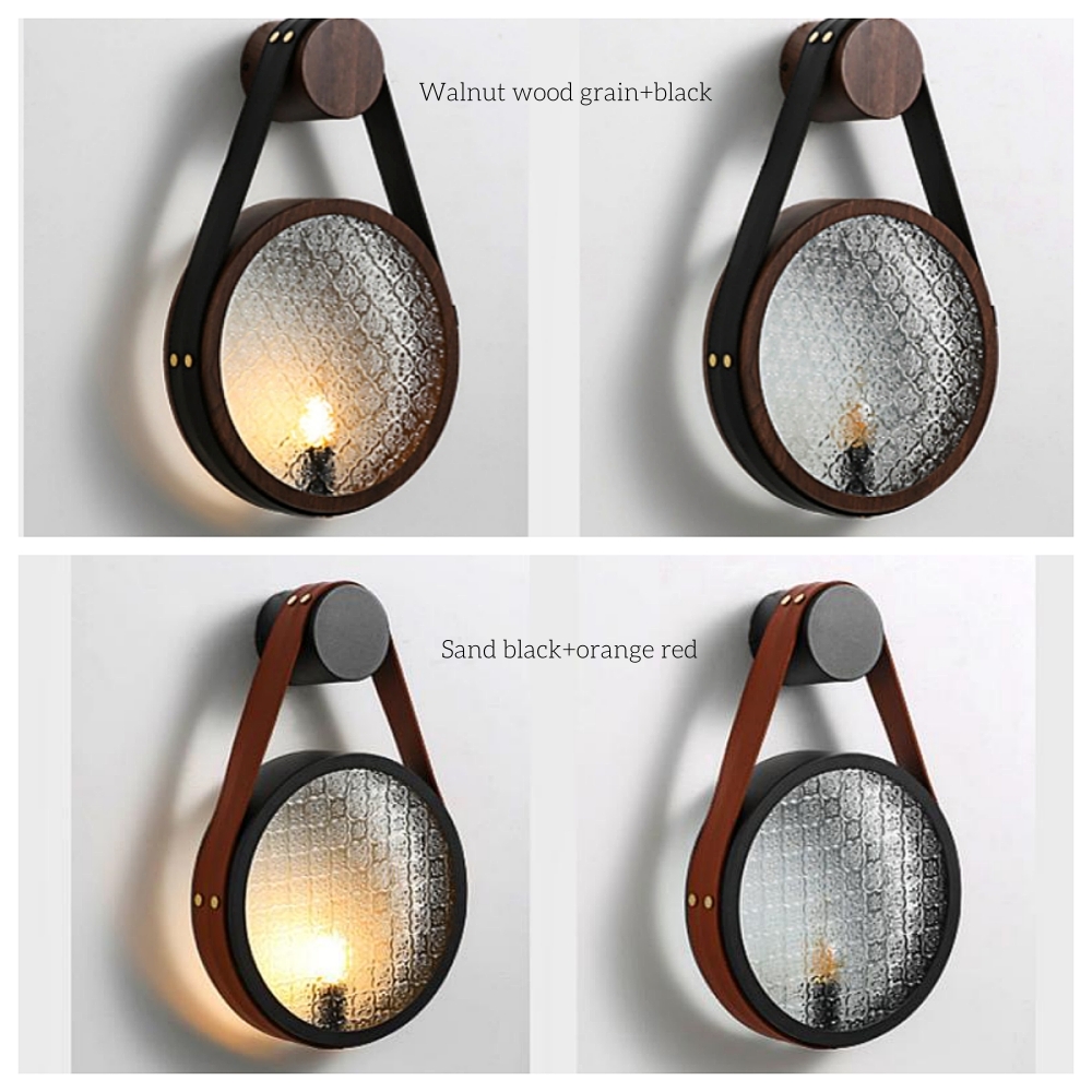 Wabi Sabi Style Retro Walnut Wood Grain Glass Hanging With Wall Lamp