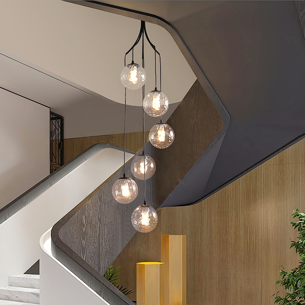 Hardwired Black Staircase Pendant Lights 400 CM/13.12ft Long Multiple Glass Sphere Chandelier