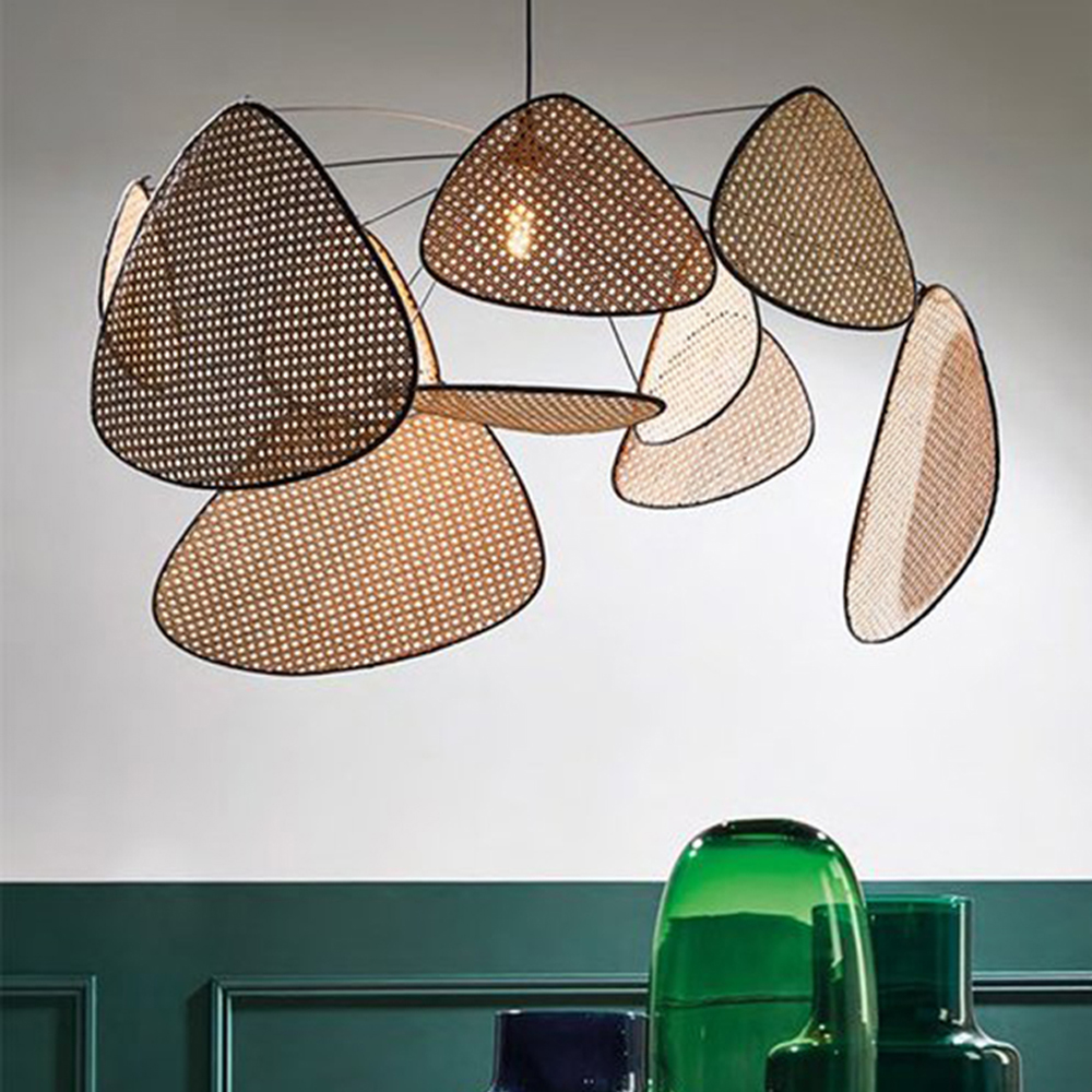 Hollow Fan Blades Combination Rattan Pendant Light Shade For Bedroom Kitchen Island