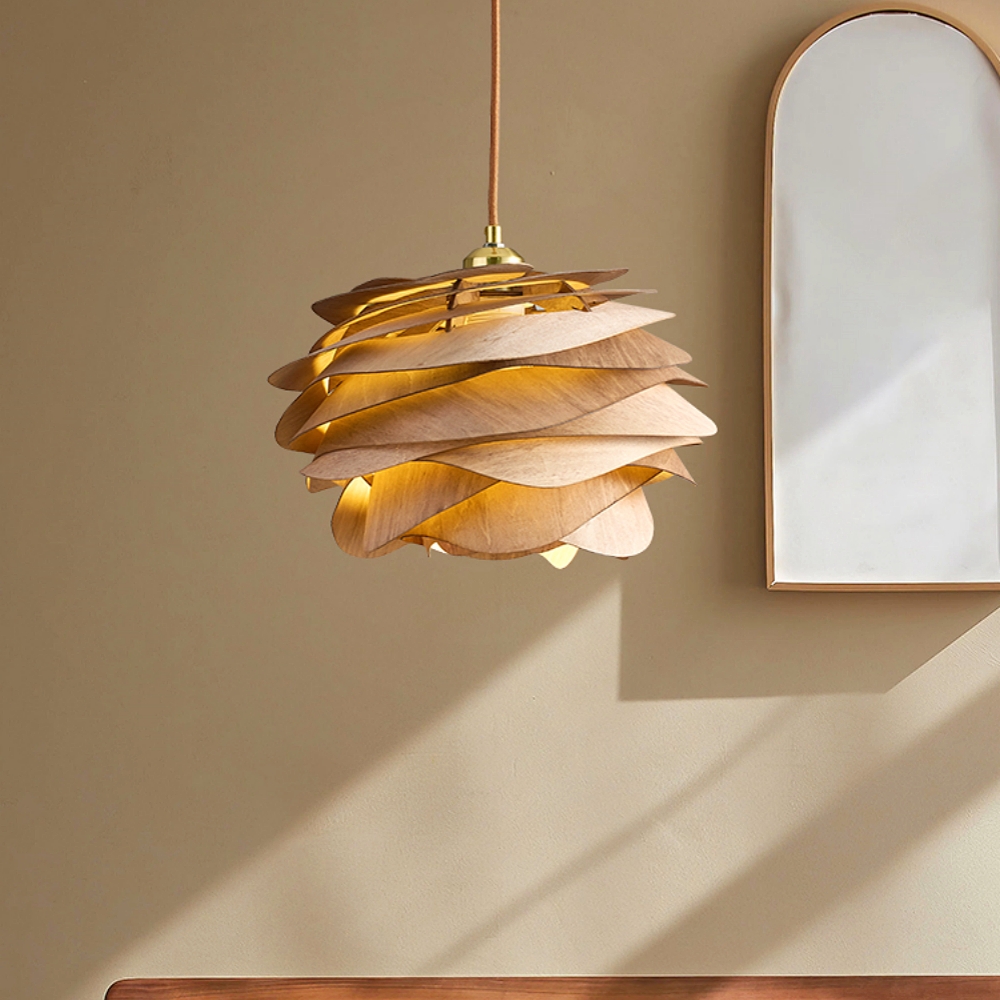 Wabi Sabi Artisanal Retro Rose Shape Solid Wood Pendant Light