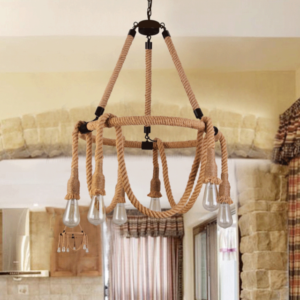 Vintage Industrial Hemp Rope Chandelier Restaurant & Coffee Shop Decor