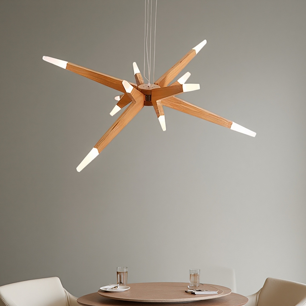 Nordic Geometric Wood Angular Star Chandelier with Frosted Light Ends