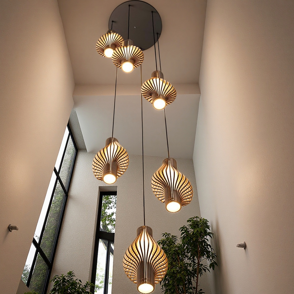 Mid-Century Curved Wood Slat Pendant Lamp