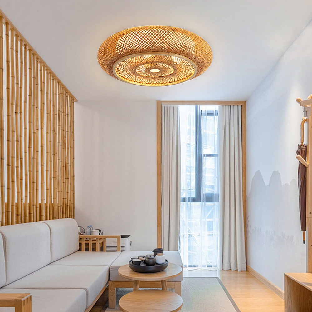Mid-Century Woven Bamboo Flush Mount Natural Textured Ceiling Lighting