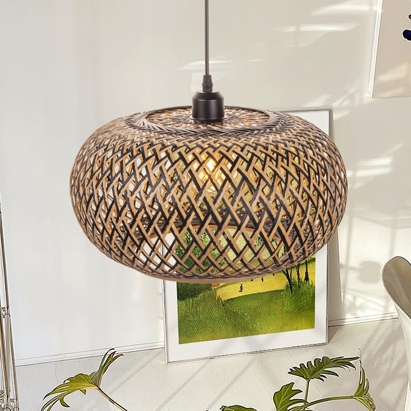 Dining Room Round Black Bamboo Pendant Chandelier Kitchen Decor Lighting