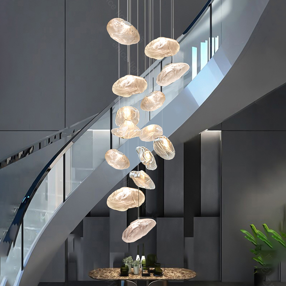 Large space loft staircase chandelier hotel lobby cloud glass long hanging chandelier duplex apartment pendant light