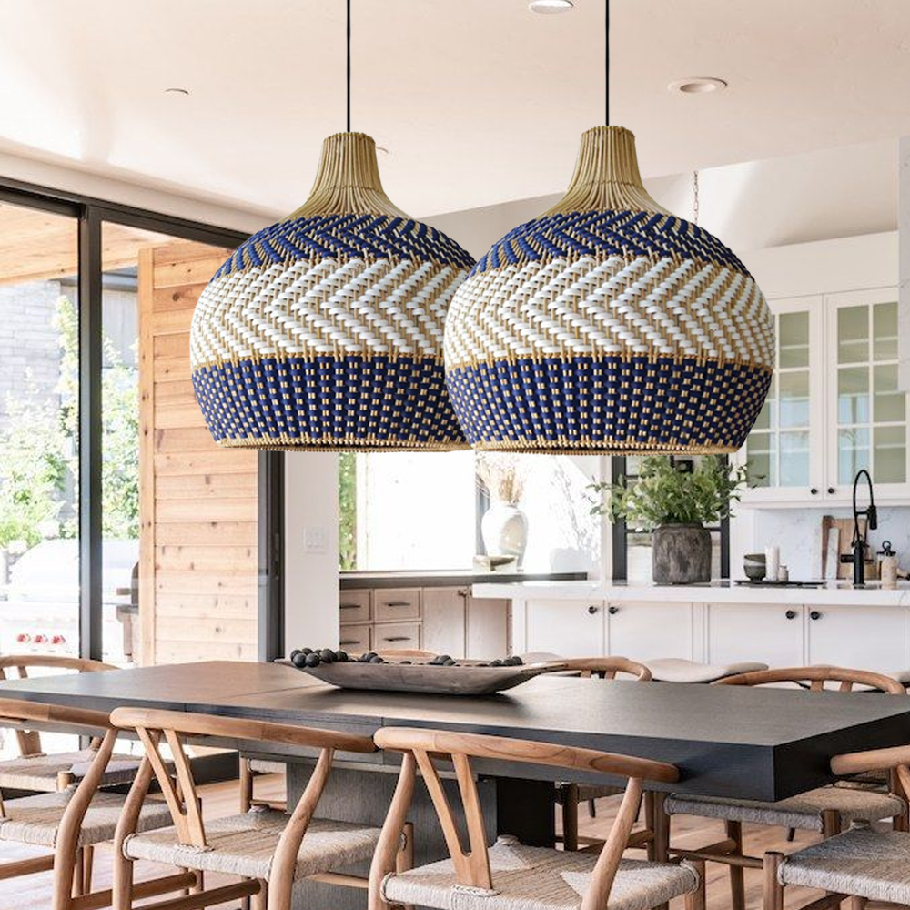 Coastal Charm Blue Chandelier Handwoven Wicker Rattan Pendant Light