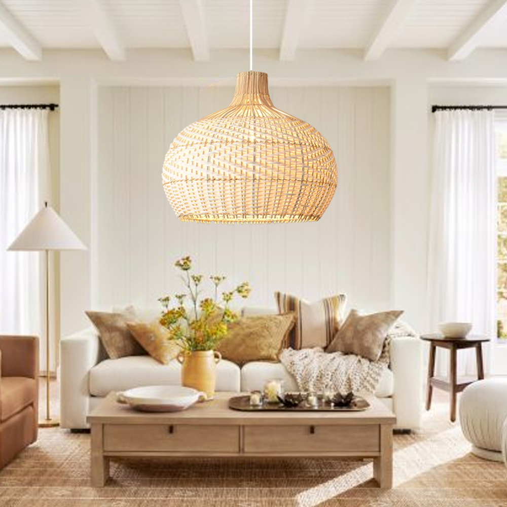 Natural Rustic Rattan Pendant Lampshade White Plastic Strip Hand Weaving Hanging Chandelier