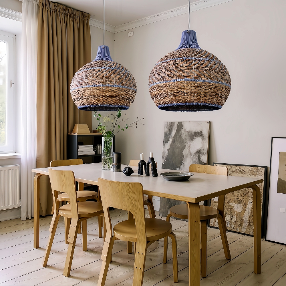 Blue Rattan Dome Pendant Lights For Kitchen Island