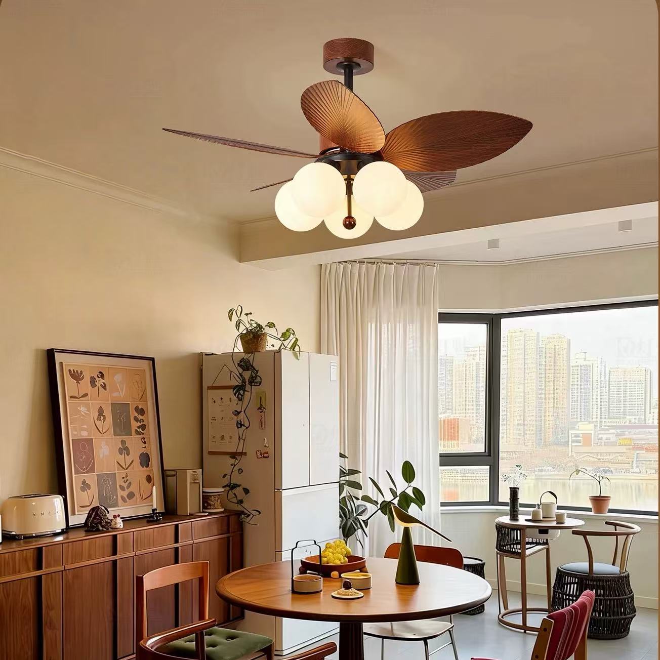 Midcentury Retro Palm Leaf Chandelier Fan Light with Wood Blades