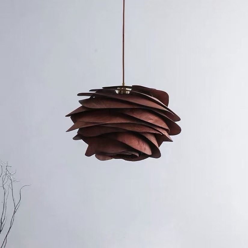 Wabi Sabi Artisanal Retro Rose Shape Solid Wood Pendant Light