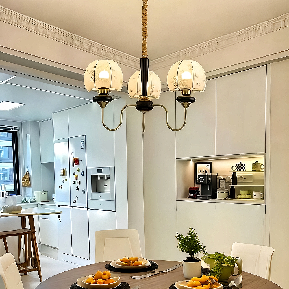 Nanyang Retro Style Fabric Patterned Walnut Multi Headed Pendant Light