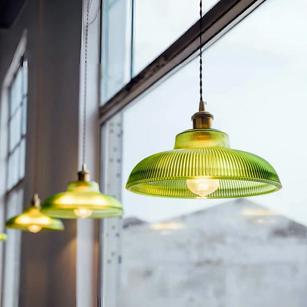Japanese Retro Brass Glass Green Transparent Pendant Light