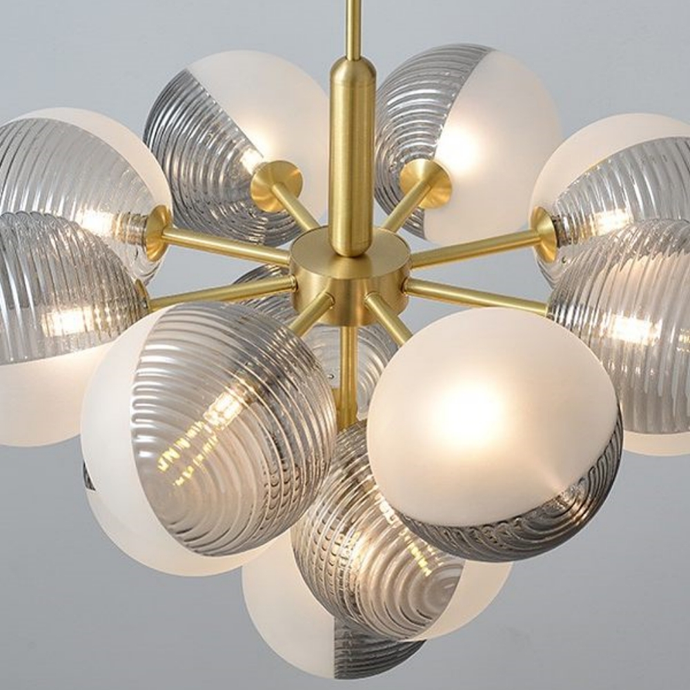 Contemporary Sculptural Ribbed Glass Globe Chandelier Brass Finish