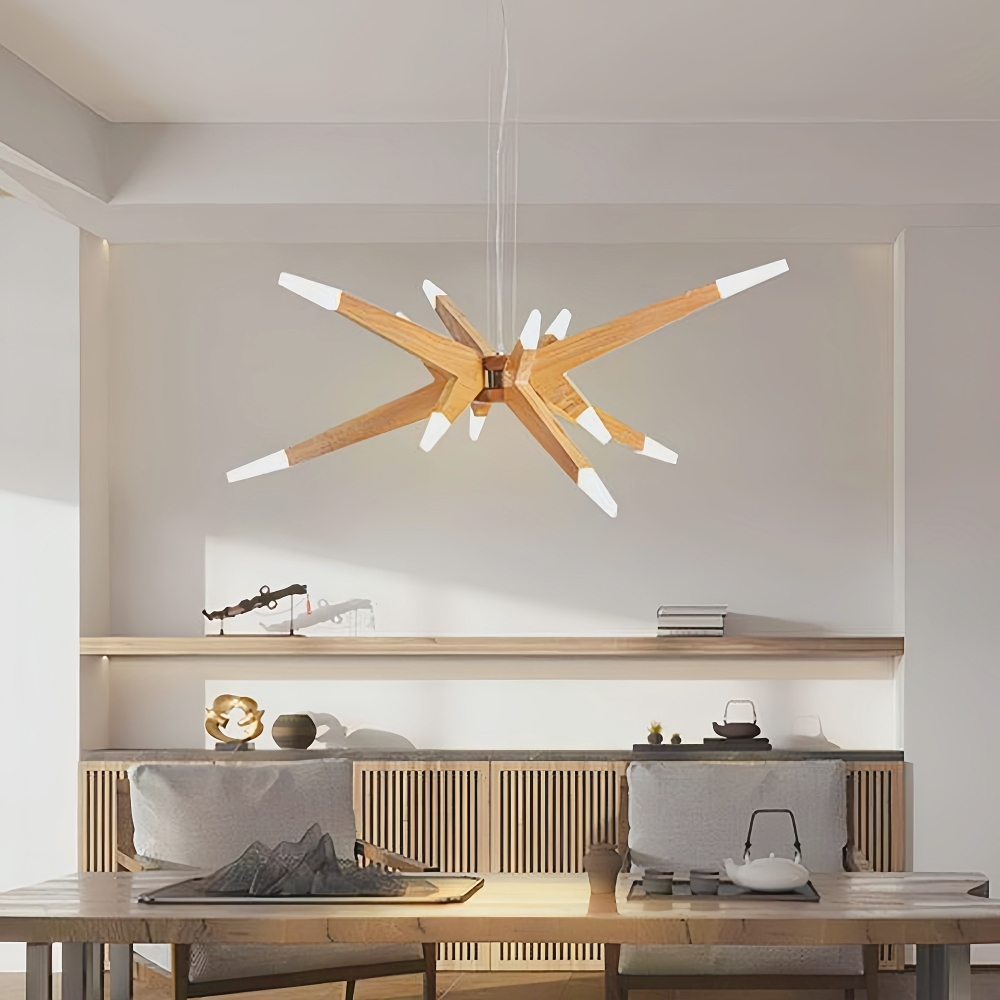 Nordic Geometric Wood Angular Star Chandelier with Frosted Light Ends