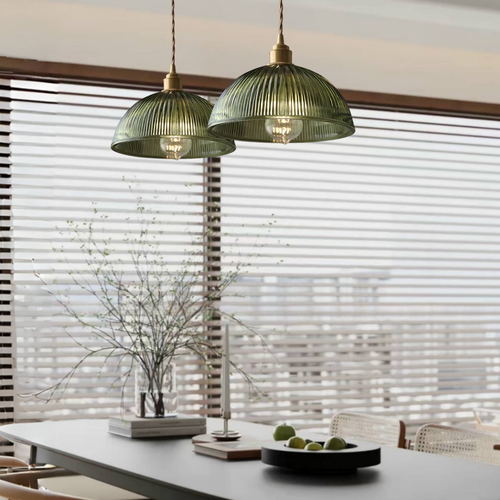 Japanese Retro Brass Glass Green Transparent Pendant Light