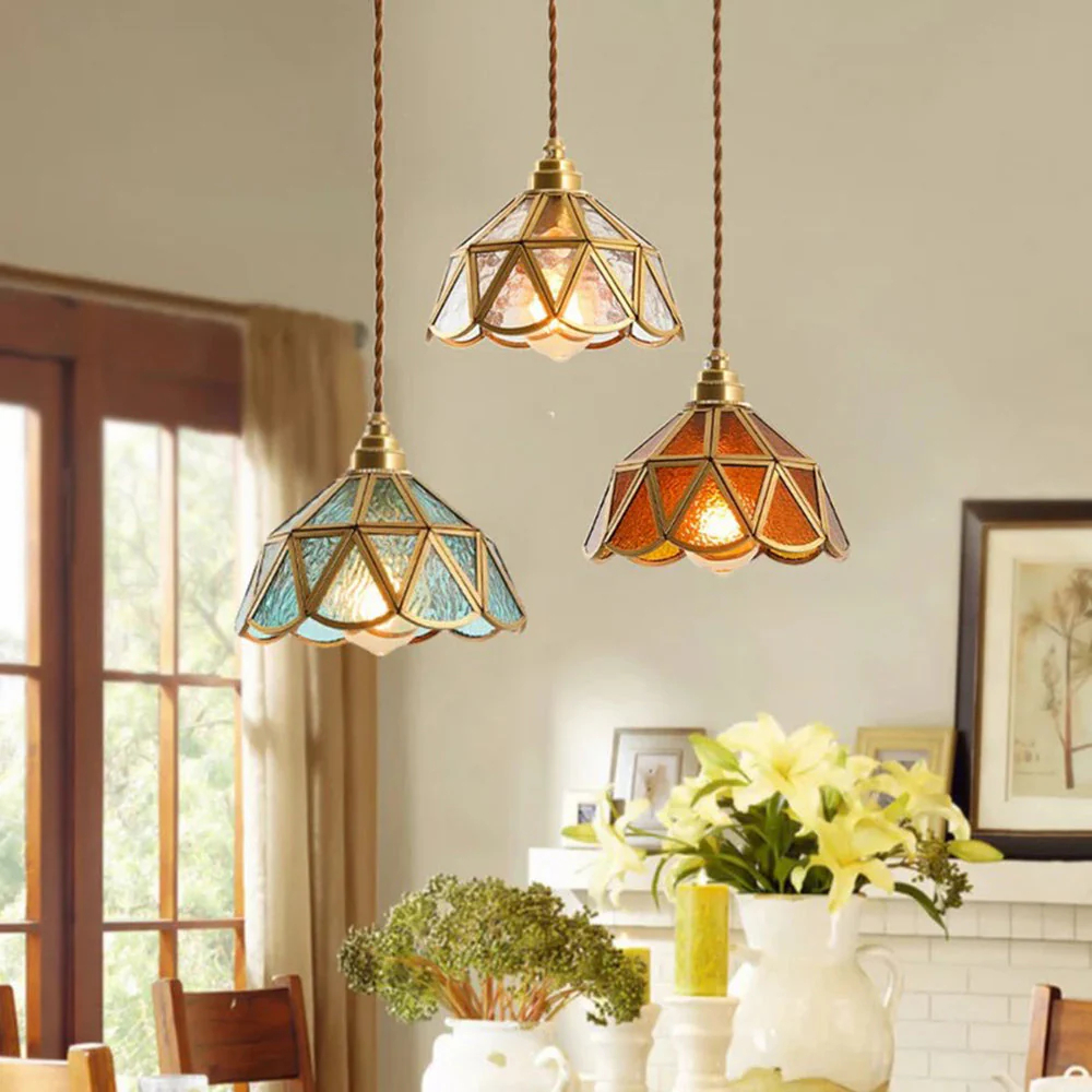 American Retro Artistic Brass Colored Glass Pendant Light Bedside Glass Lamp