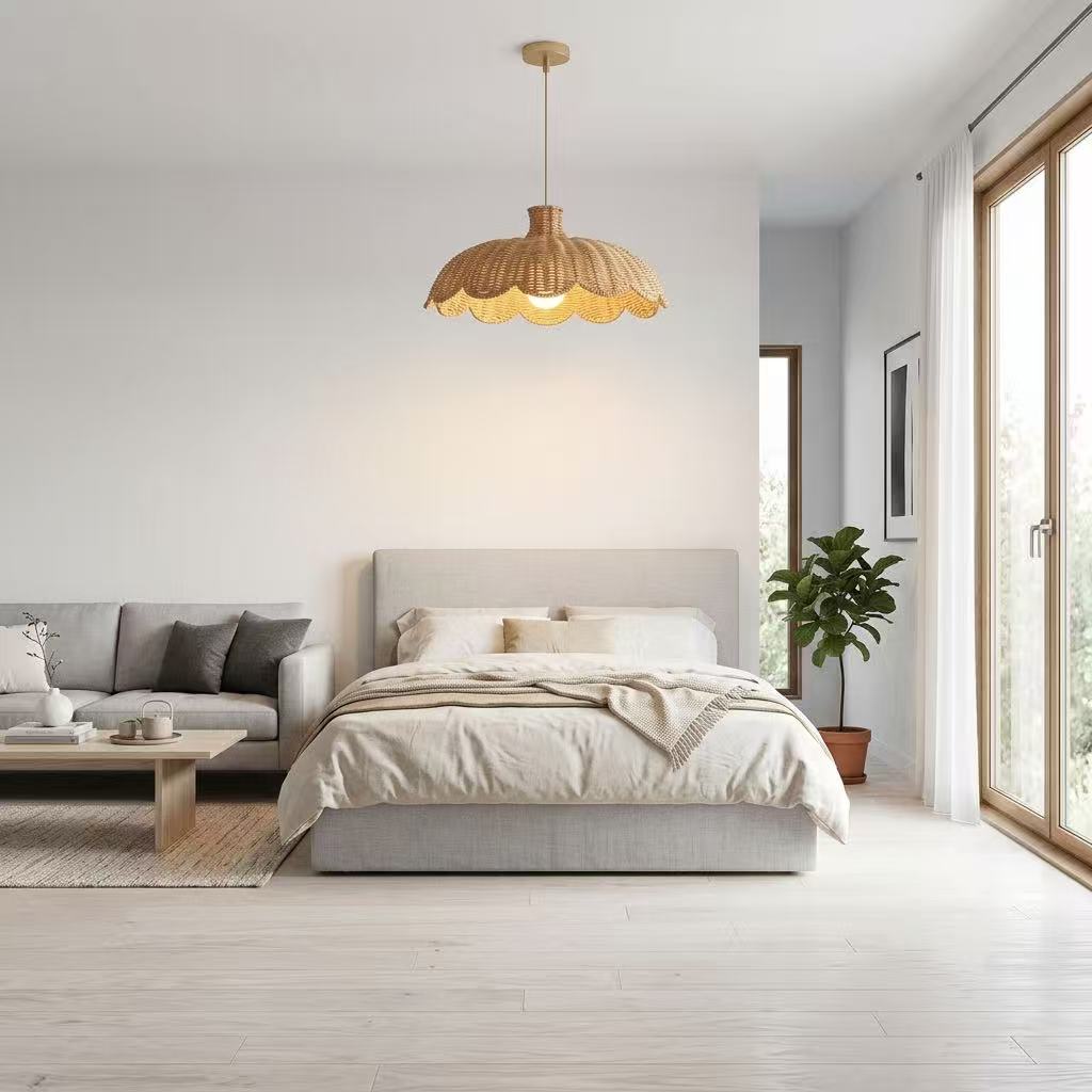 Boho Rattan Flush Mount Ceiling Light for Bedroom Hallway