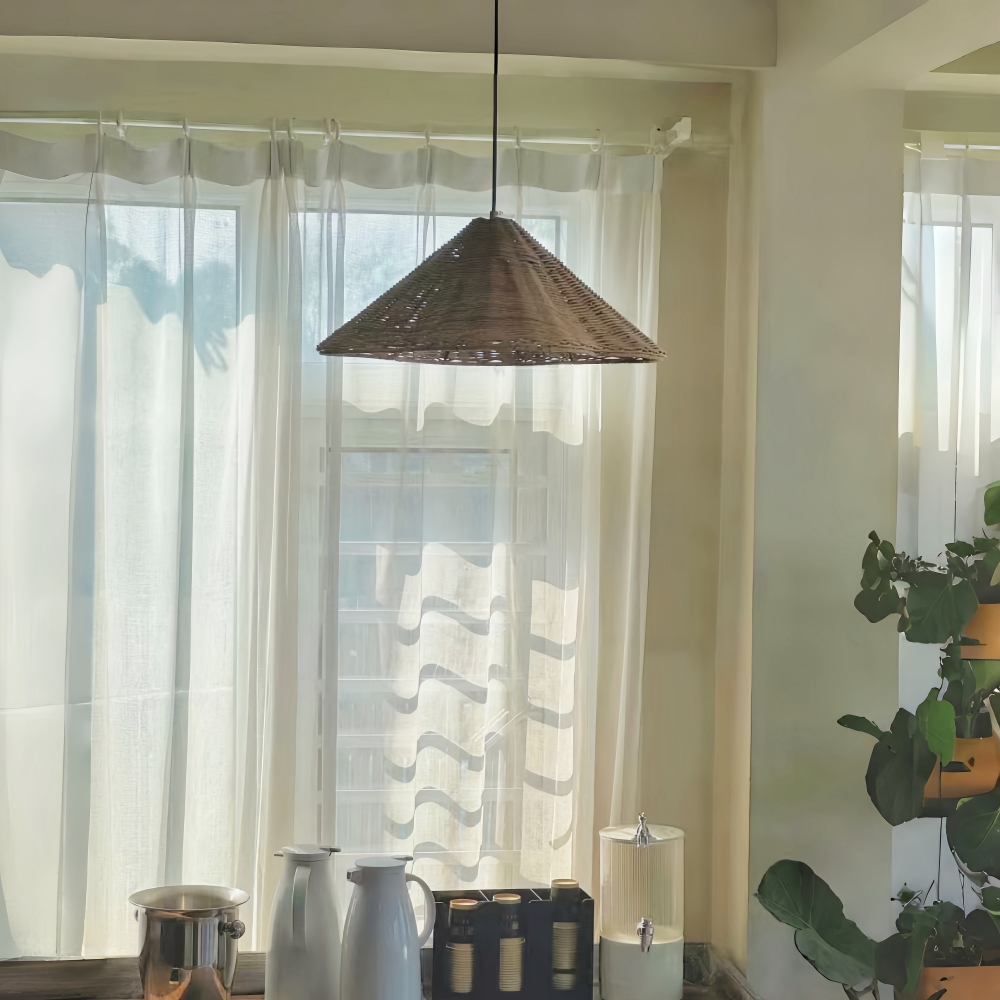 Wabi Sabi style rattan woven retro rolled edge pendant light
