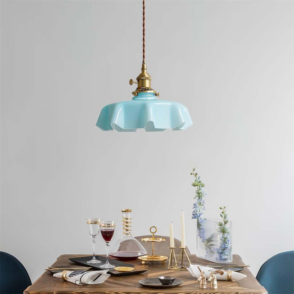 Vintage French Frilly Opaque Glass Pendant Light with ruffled draped shape