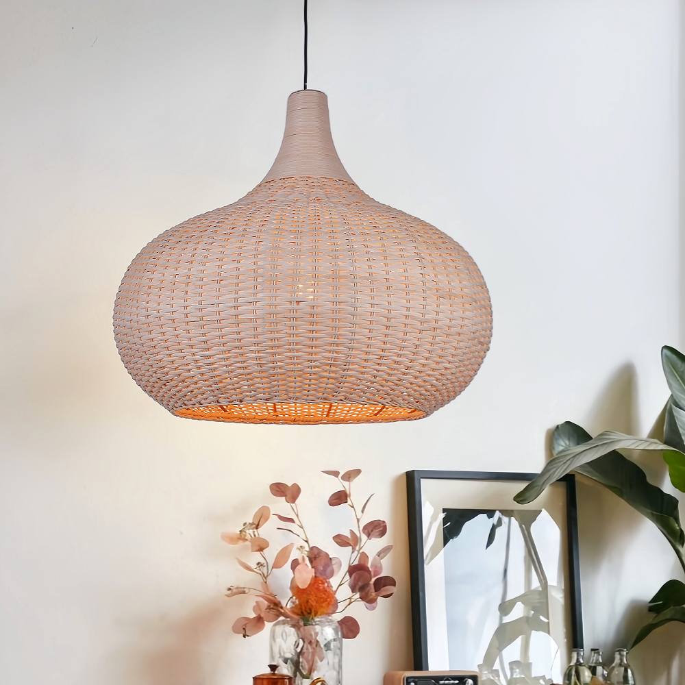 Vintage Handmade Natural  Off-White Rattan Pendant Light