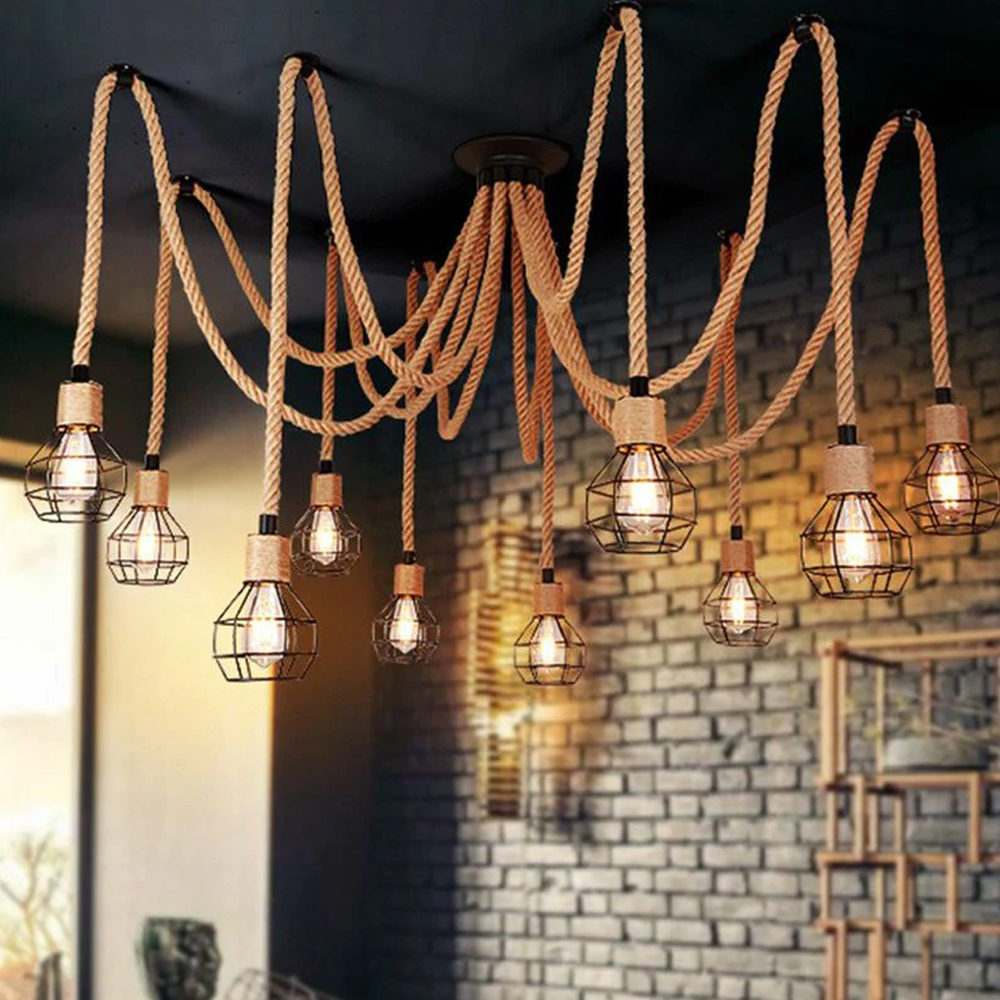 Spherical Cage Rope 6-Lights Brown Pendant Lighting Fixture