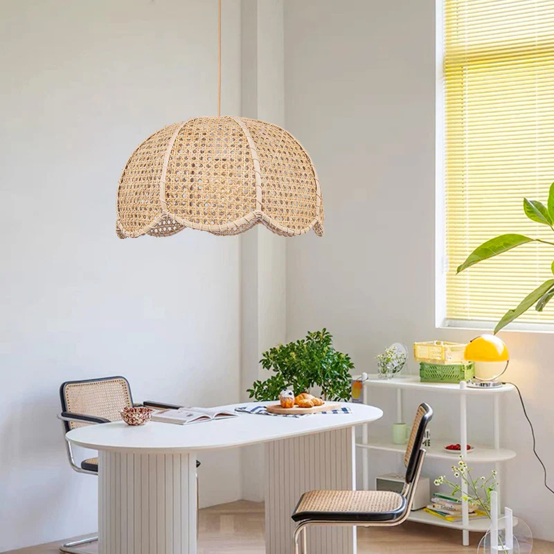 Rattan Scalloped Dome Pendant Lampshade Simplicity Rattan Hanging Chandelier