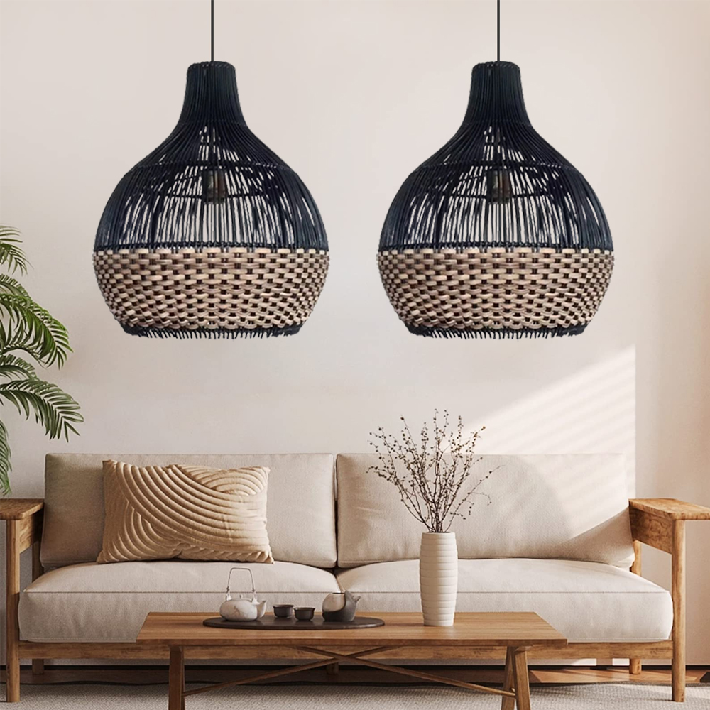 Black Rattan Wicker Chandelier For Kitchen Island Dining Room Living Room Woven Pendant Light Fixture