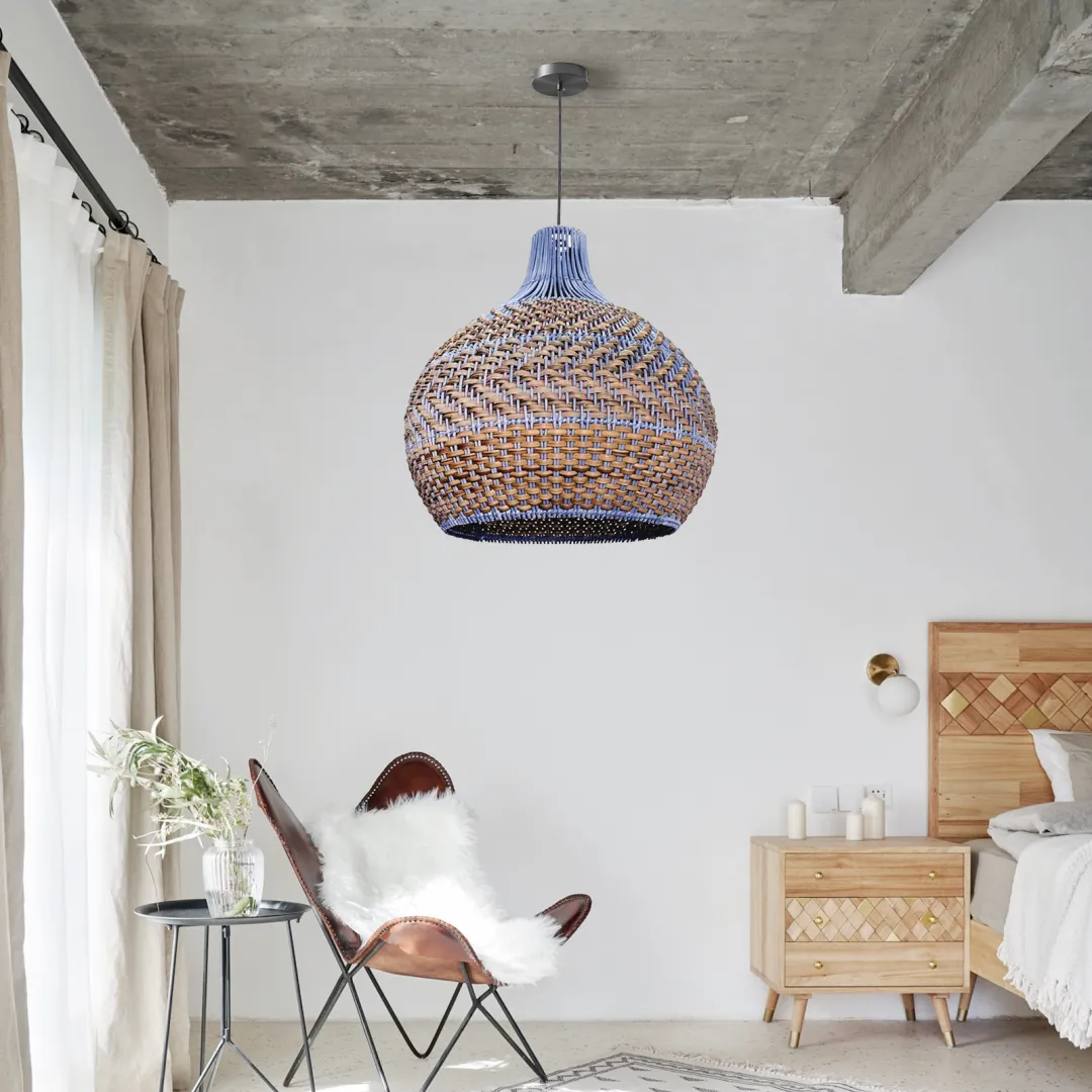 Blue Rattan Dome Pendant Lights For Kitchen Island