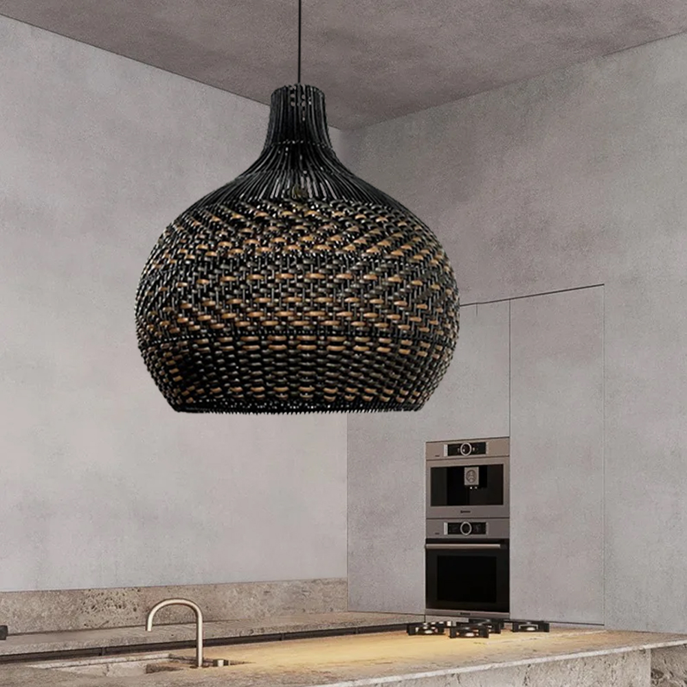Royal Noble Black Rattan Pendant Light Fixture Dining Room Lampshade