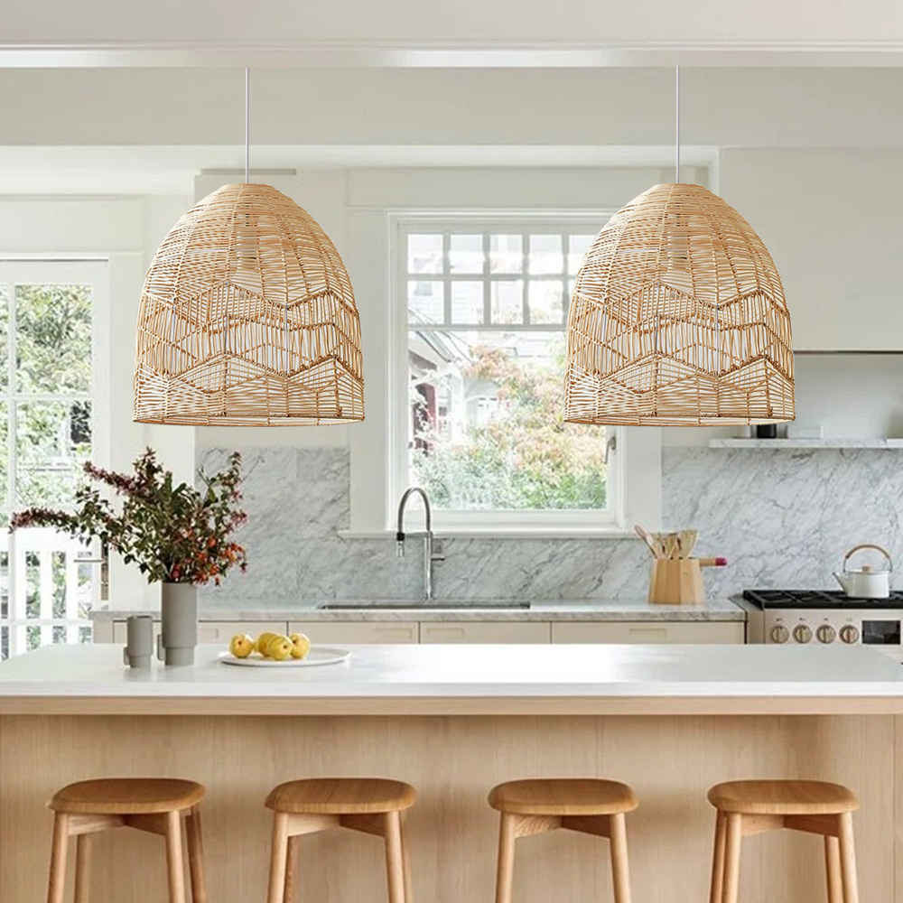 Boho ceiling light fixture farmhouse natural hand woven rattan pendant lamp shade