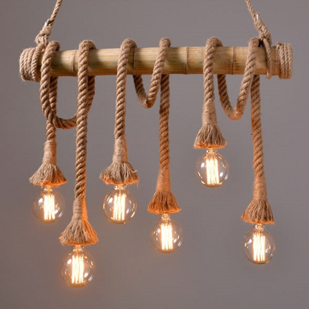American Retro Bamboo Tube Hemp Rope Chandelier Creative Pendant Light
