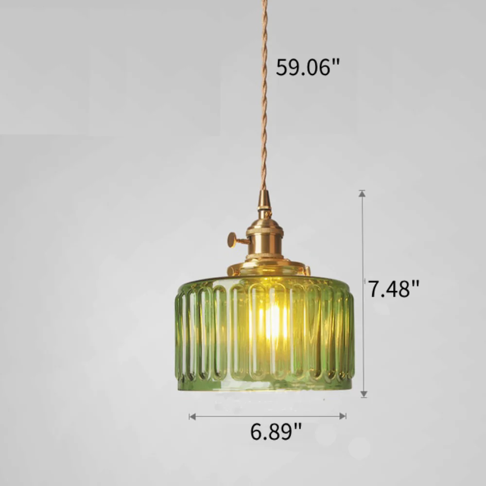 Classic Vintage Green Glass Pendant Light Cylinder Wavy Small Light Fixture