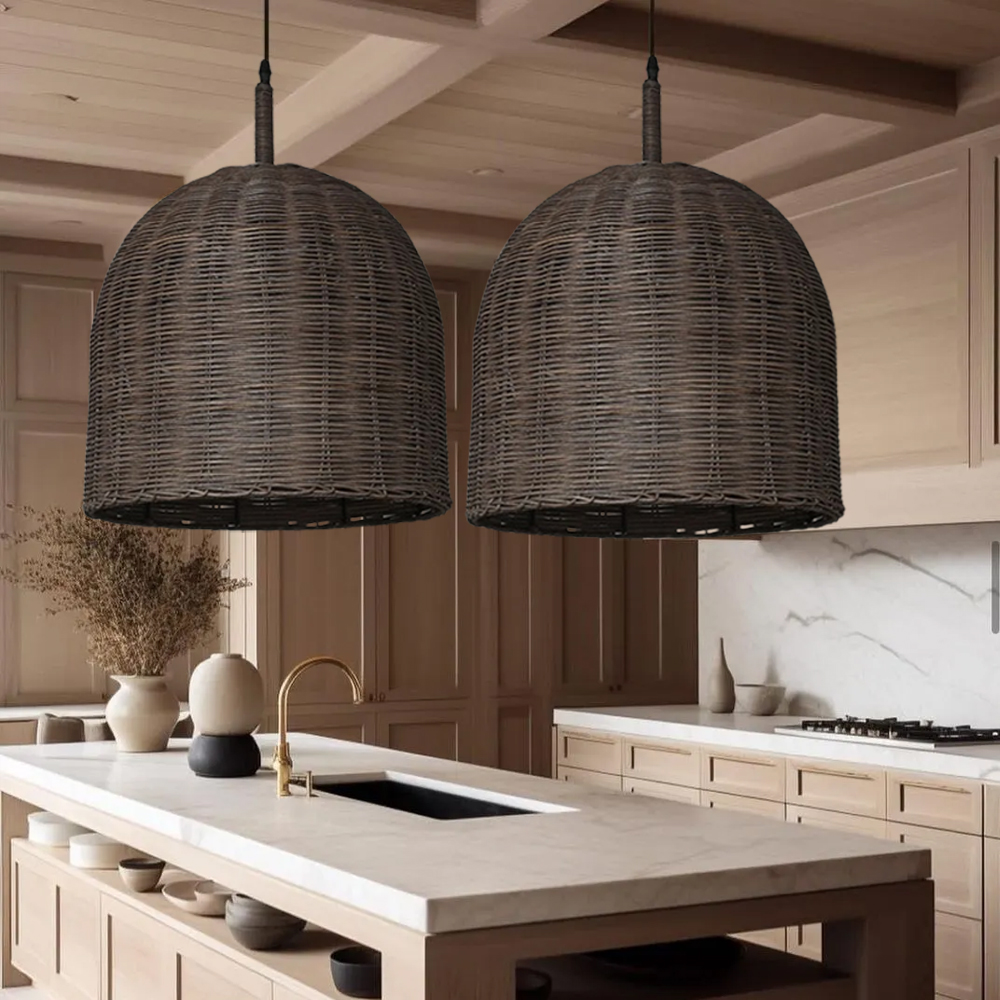Wabi Sabi Style Dark Rattan Lampshade Retro Pastoral Restaurant Hand-woven Pendant Light