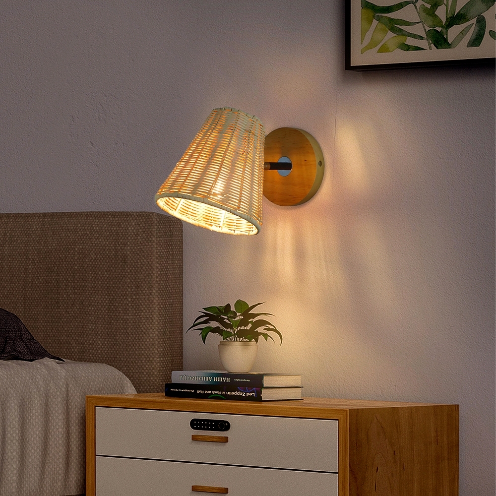 Japanese Style Simple Rattan Woven Bedside Wall Lamp