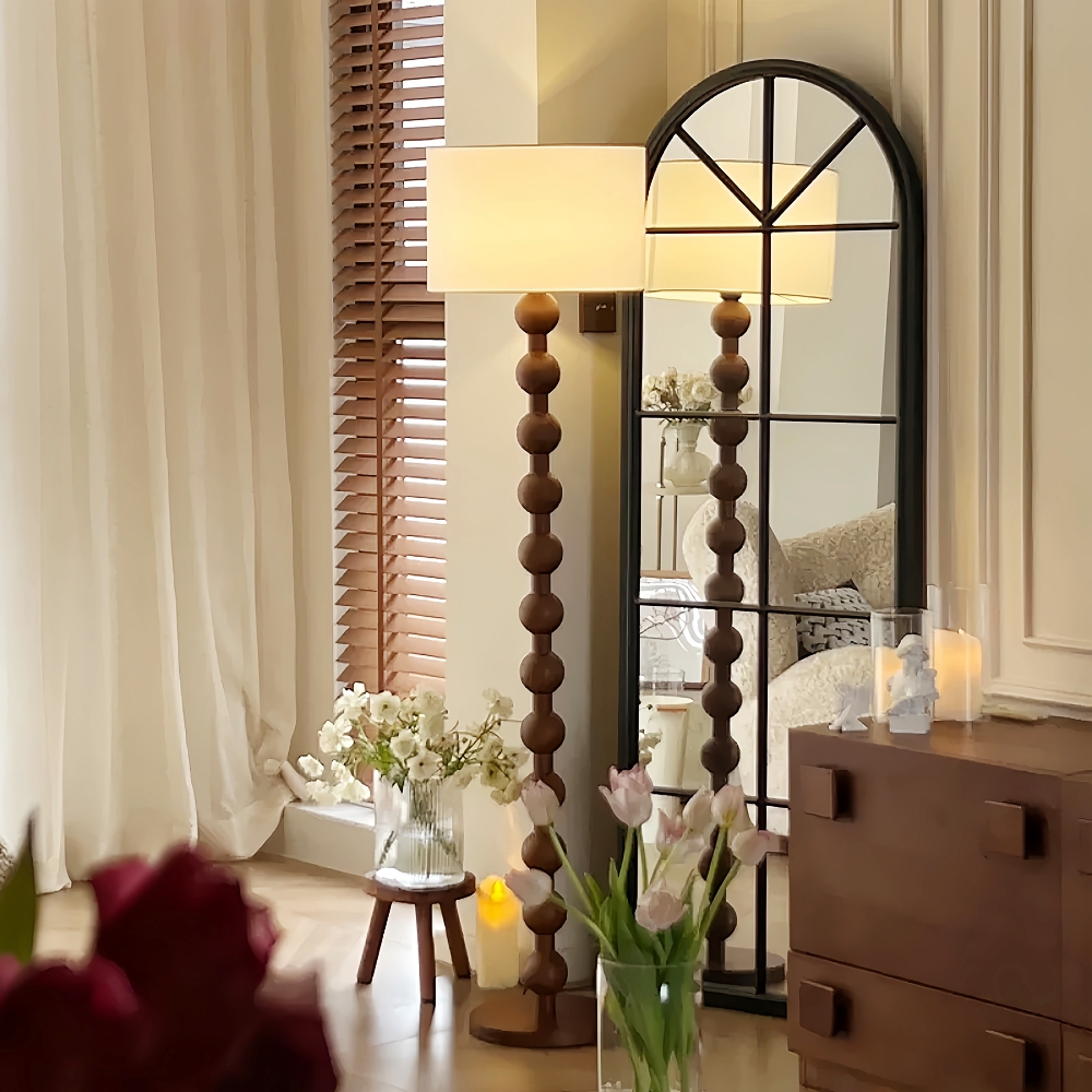 Retro White Wax Wood Fabric Lampshade Bedroom Floor Lamp