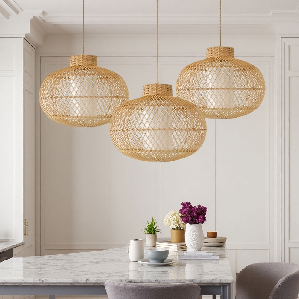 Boho Living Room Rattan Hanging Lighting Fixture Handmade Natural Pendant