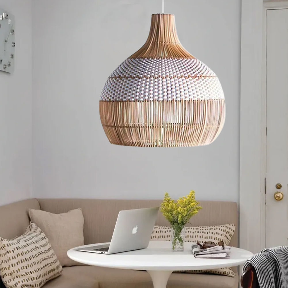 White Handwoven Rattan Pendant Light Woven Lampshade Boho Home Decor