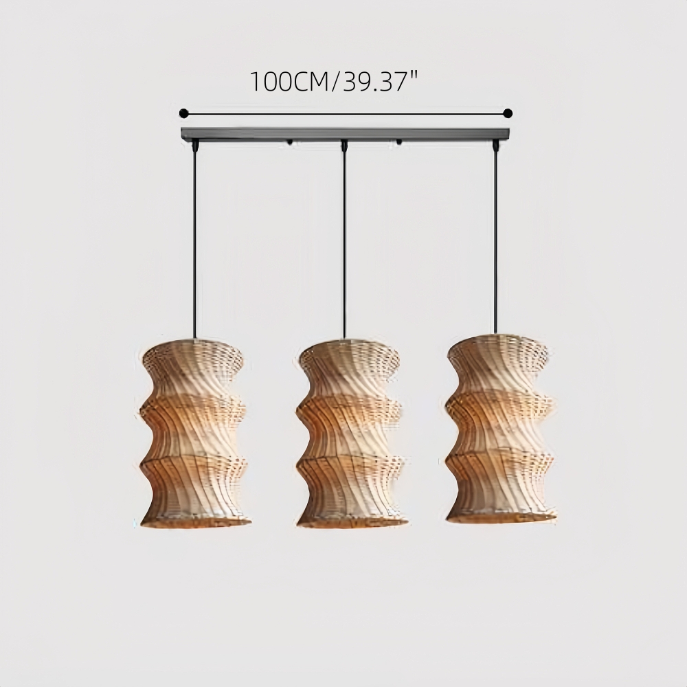 Artisanal Wabi-Sabi Rattan Wavy Column Pendant Light