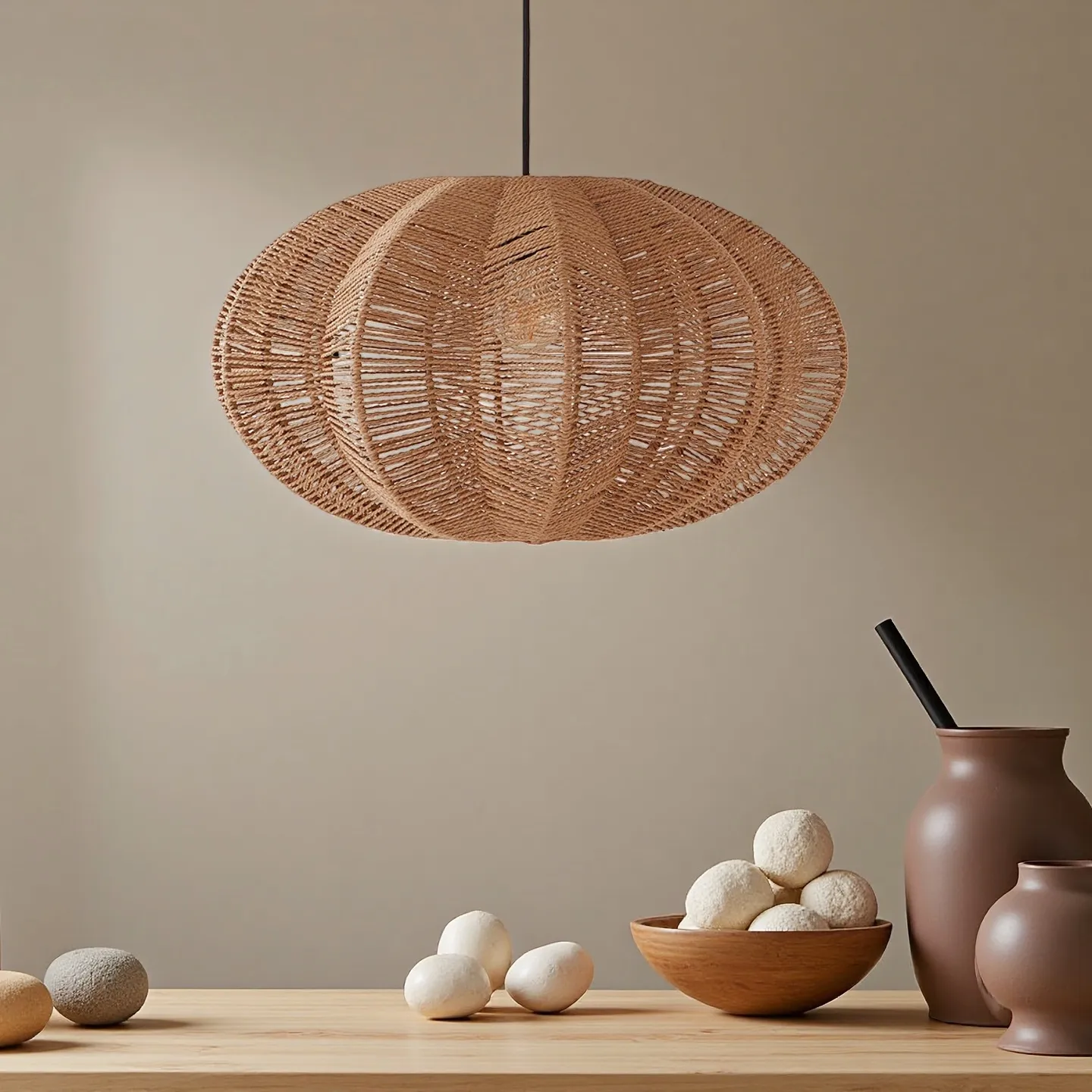 Bohemian Woven Rattan Oval Pendant Lamp Natural Textured Lighting