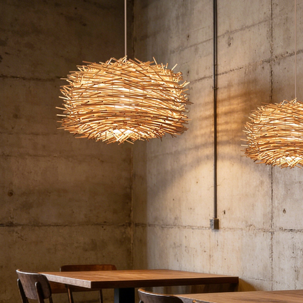 Artisanal Twig Weave Sphere Pendant Rustic Natural Glow