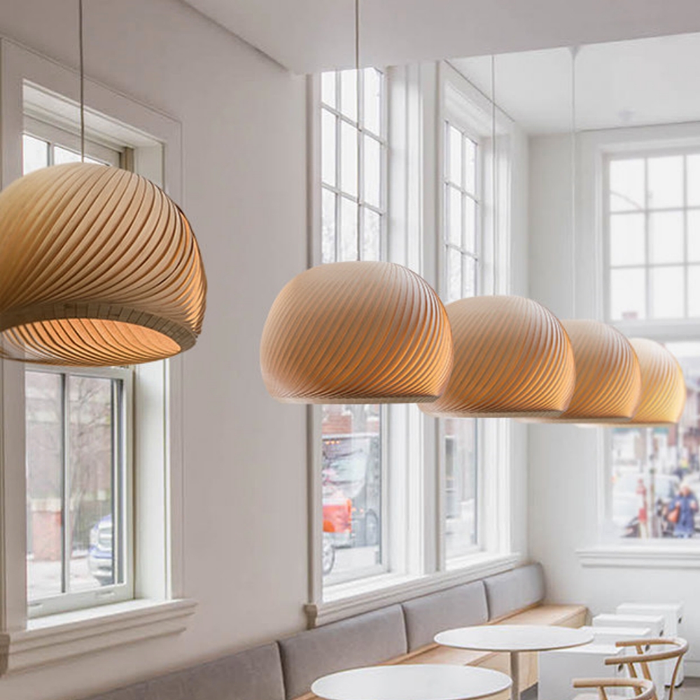 Spiral Wood Veneer Dome Pendant Light