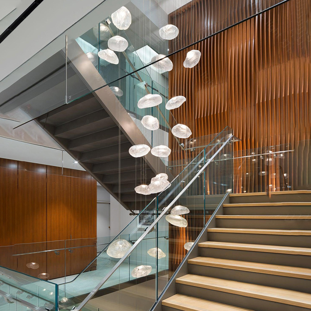 Large space loft staircase chandelier hotel lobby cloud glass long hanging chandelier duplex apartment pendant light