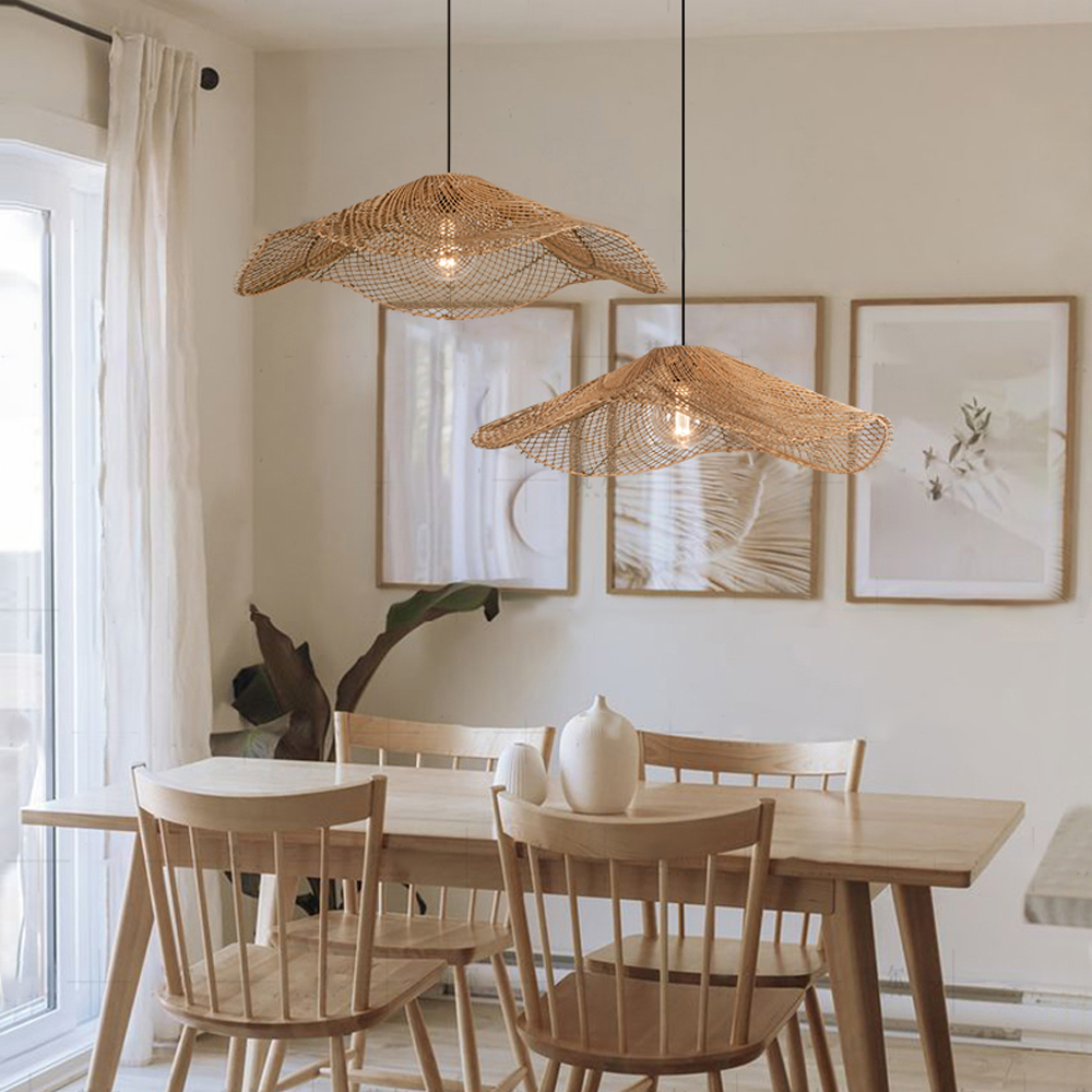 Handwoven Straw Hat Restaurant Pendant Light Wabi-sabi Style Rattan Chandelier