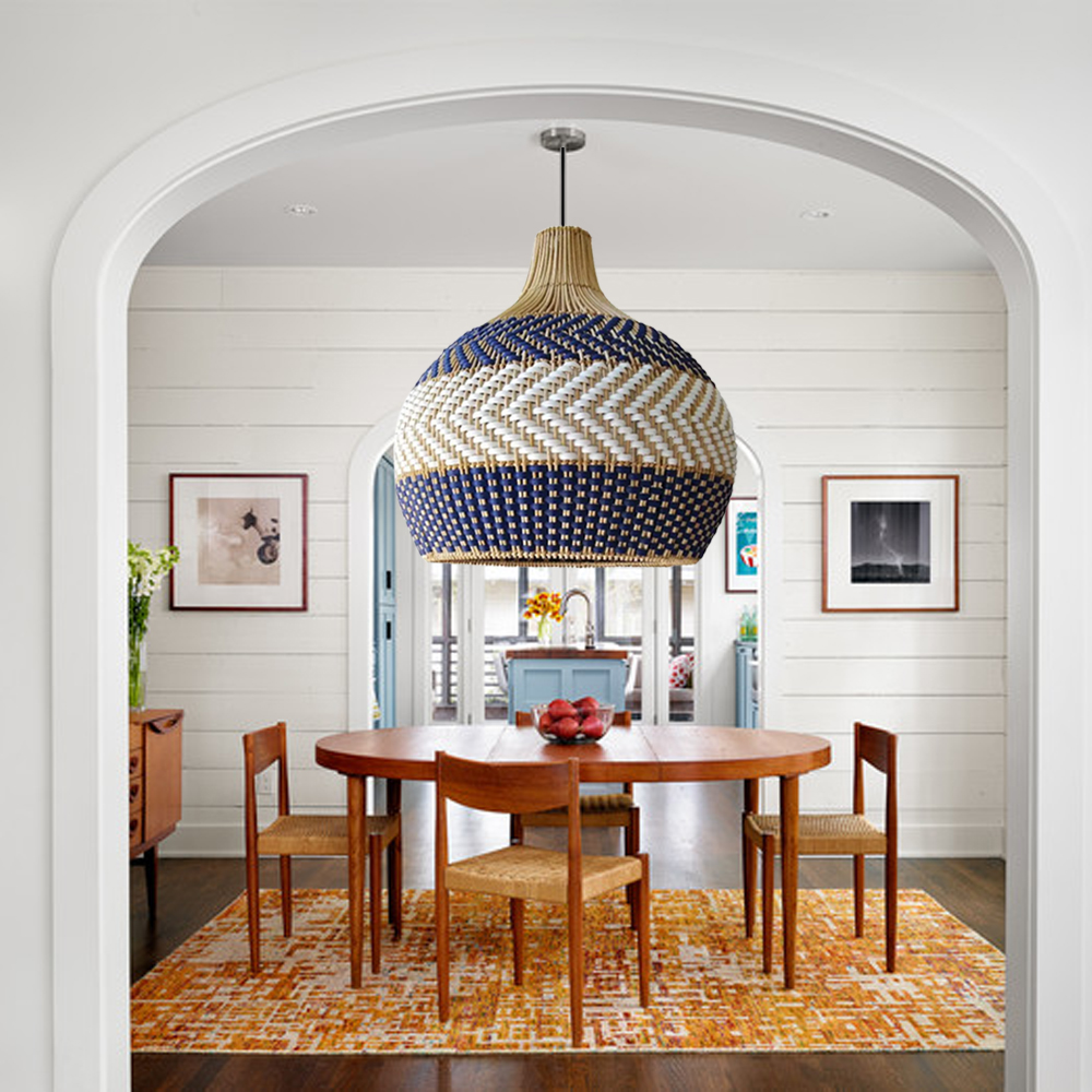 Coastal Charm Blue Chandelier Handwoven Wicker Rattan Pendant Light