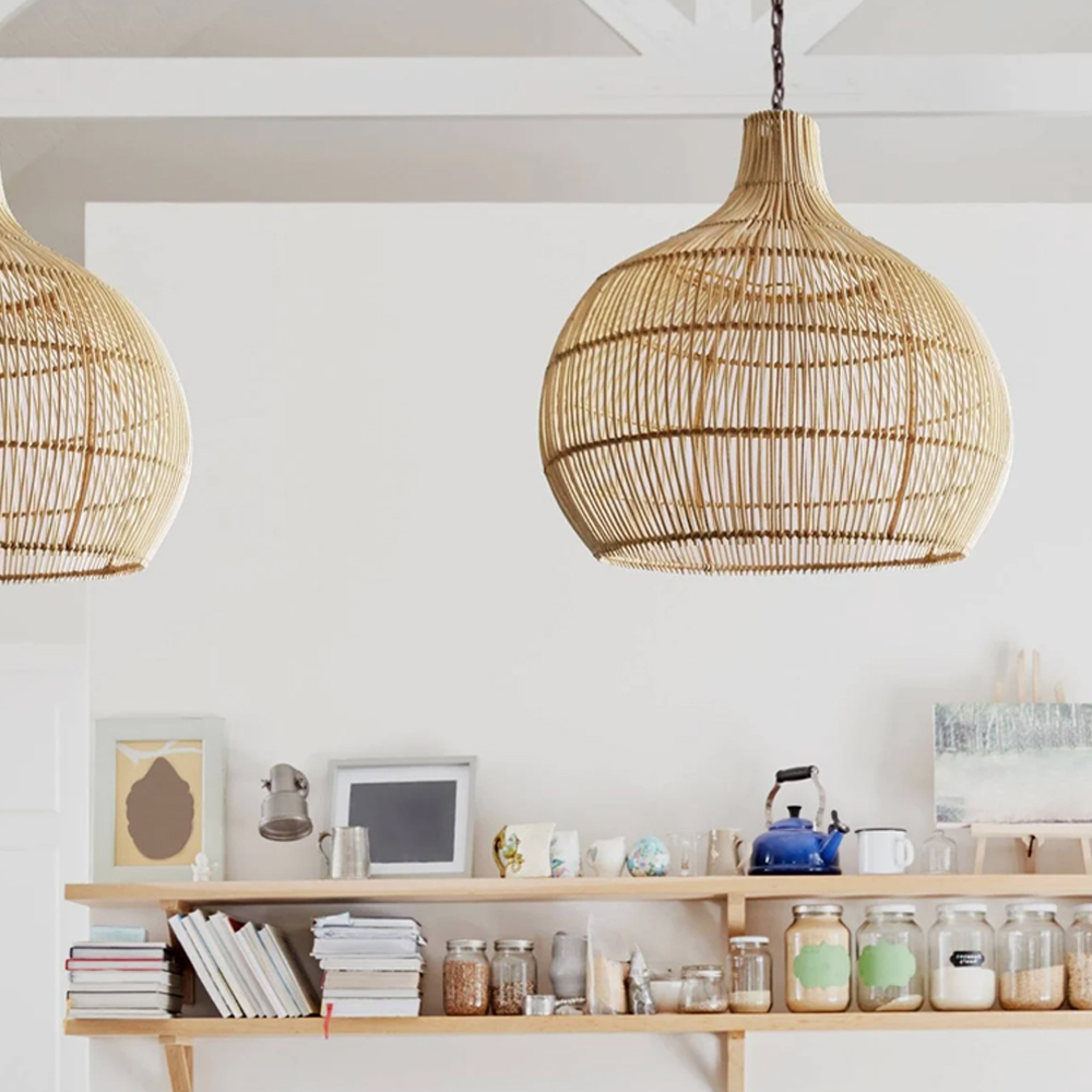 Boho Home Decor Kitchen Island Rattan Bamboo Pendant Light Basket Weave Linear Chandelier