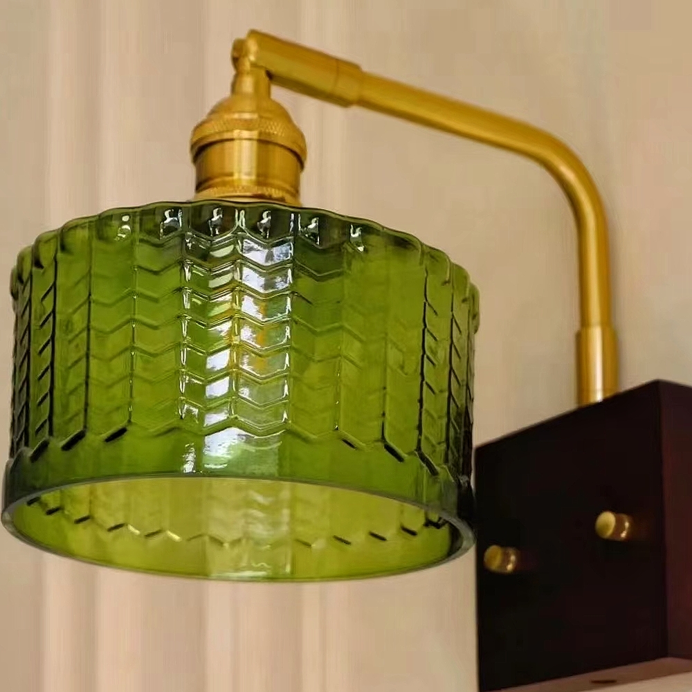 Japanese Retro Walnut Base Glass Brass Wall Lamp