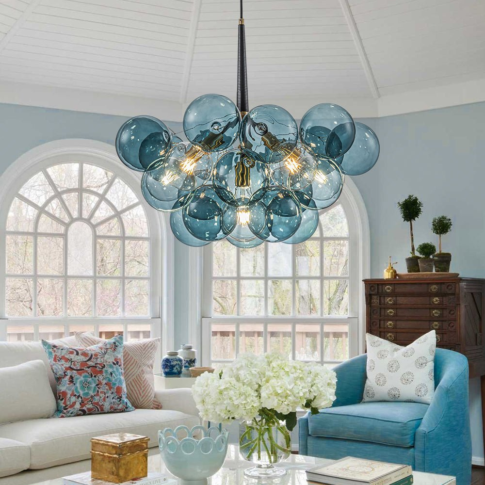 Modern Blue Glass Globe Bubble Chandelier Cluster Pendant Light