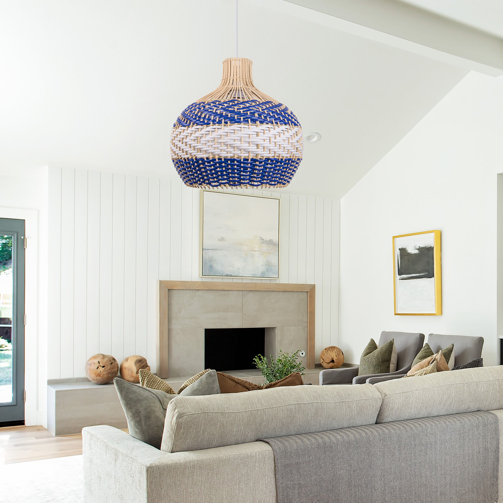 Japanese Style Army Blue Rattan Pendant Light For Dining Room